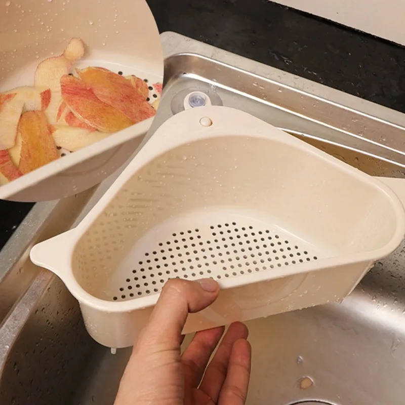 

Kitchen Triangular Sink Strainer Suction Cup Drain Basket Fruit Vegetable Garbage Drainer Sponge Storage Shelf