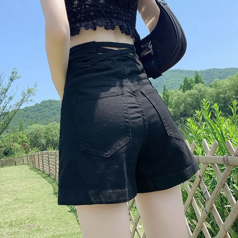 Black Women's Denim Shorts High Waist White Biker Pole Dance Short