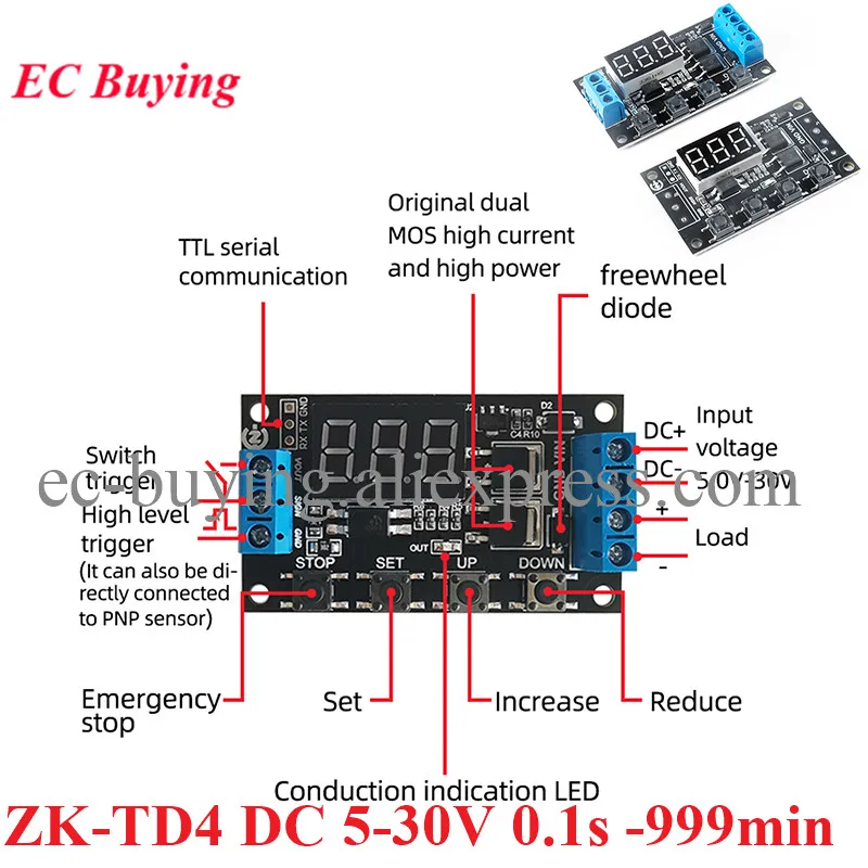 Temporizador Ajustable Pantalla LED Módulo Temporizador Digital Akozon | DC 5V-36V | Retardo 0.1s-999min | Pantalla LED | Hasta 30A Control Motor Luz
