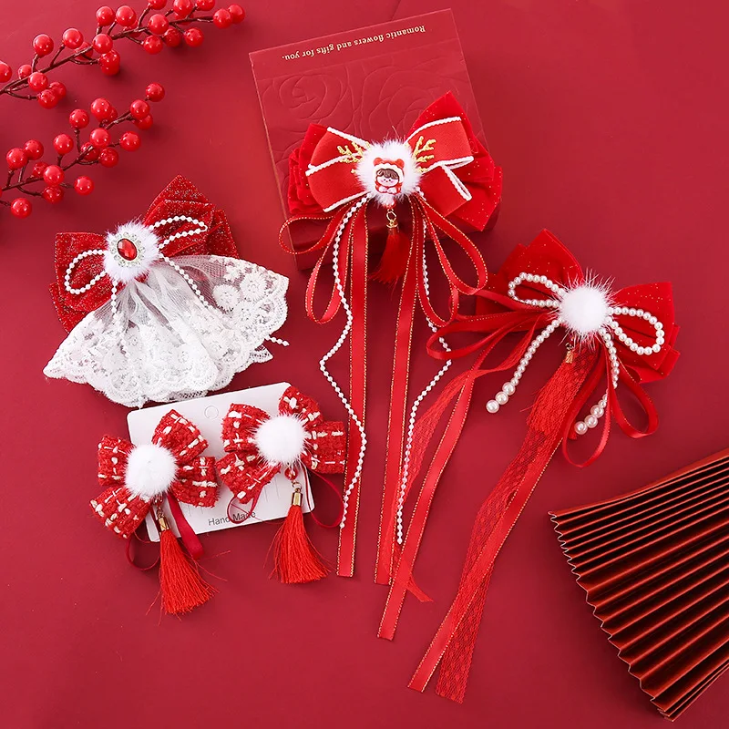 Kids New Year Headwear Chinese Style Hafu Plush Bow Kids Hair Clips Red Tassel Princess Girl Sided Clips Accessory New Year Gift 4