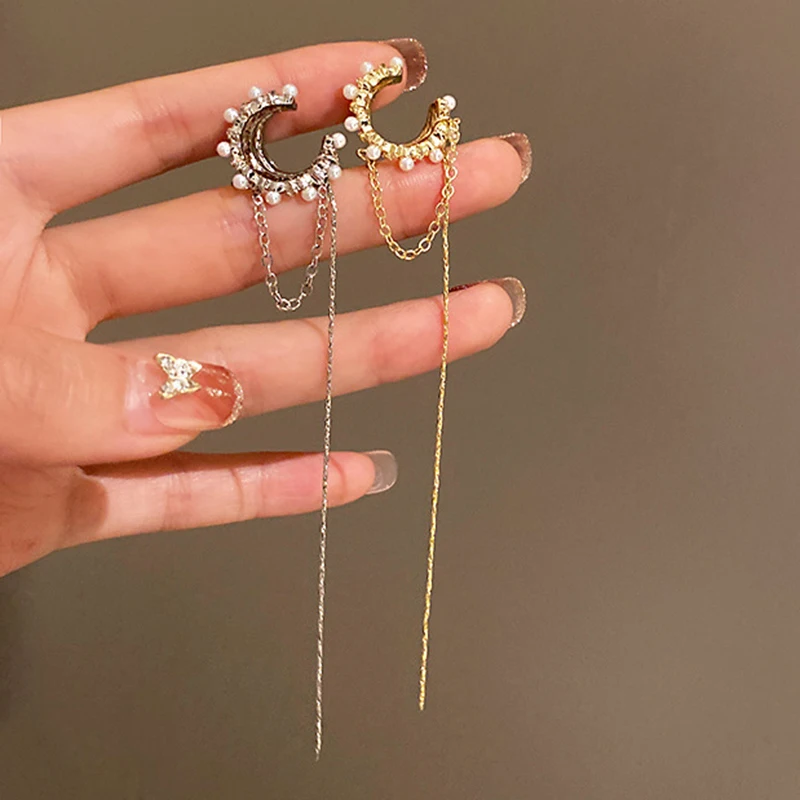Luxury Elegent Ear Cuff For Women Gold Color Tassels Line Imitation Pearl Earrings Without Piercing Clip Earrings Gifts EF178 2