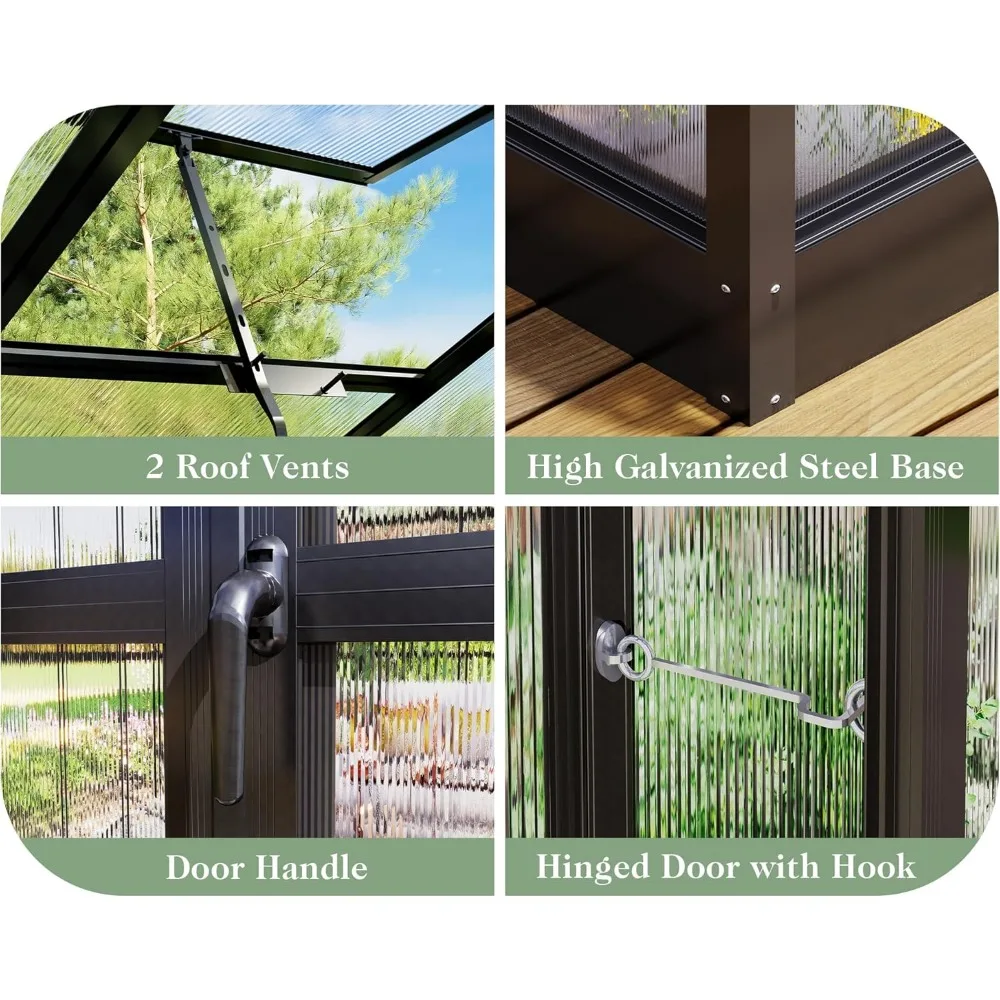 Aluminum Polycarbonate Greenhouse with Ventilation and Rain Gutter, Double Swing Doors with Hook, Greenhouses 6