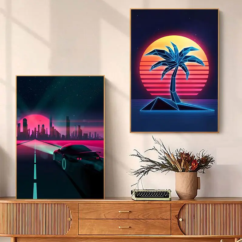 

Neon Retrowave Synthwave Good Quality Prints and Posters Decoracion Painting Wall White Kraft Paper Aesthetic Art Wall Painting