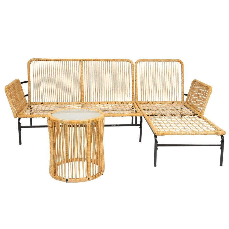 3 Pieces Outdoor Furniture Sets Table and Chairs with 3.15-inches Thick Cushion Outdoor Sofa Set Natural Yellow Wicker 4