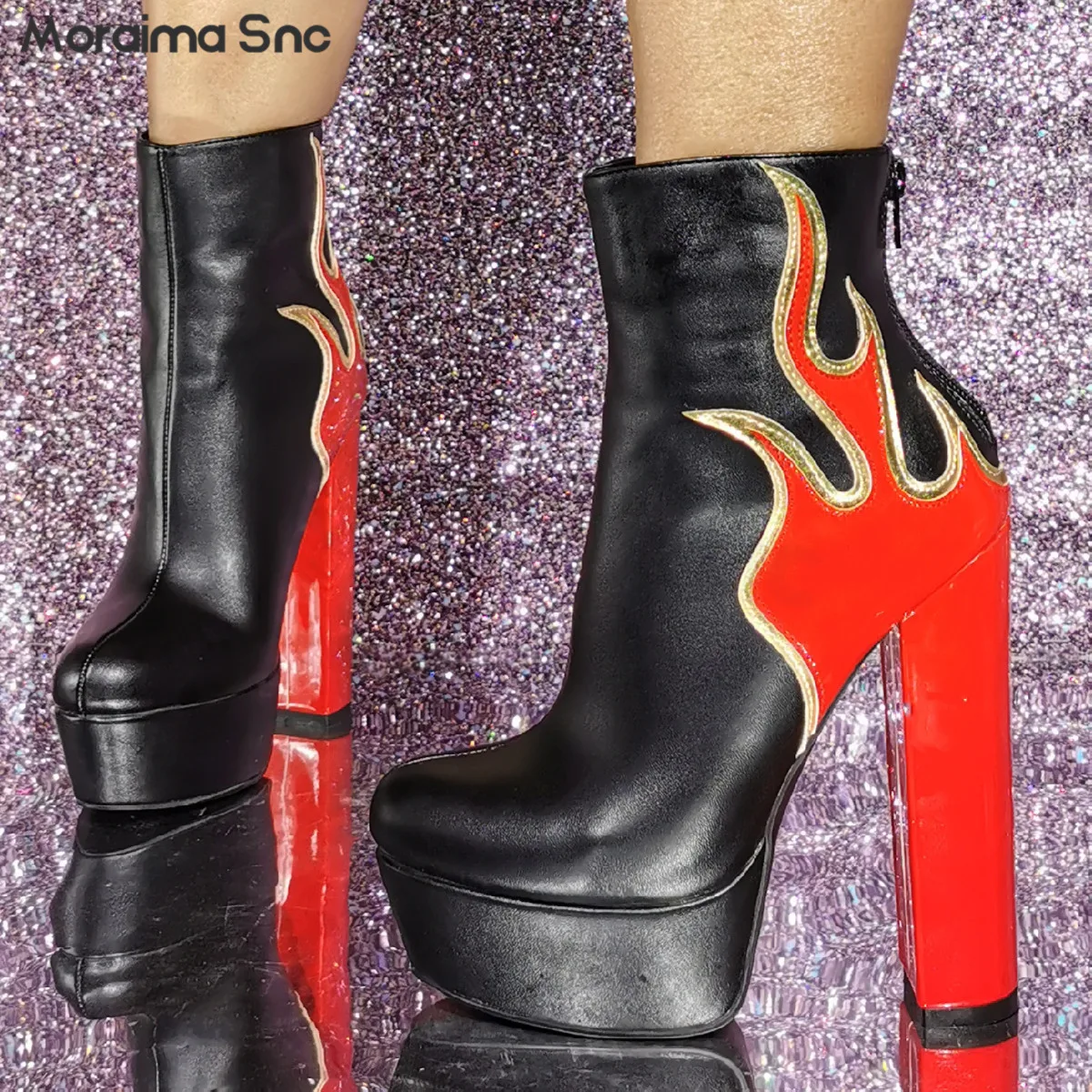 

Multi-Color Flame Ankle Boots Sexy Y2K Music Festival High Water Table Women's Boots Large Size Thick Heel High Heel Ankle Boots