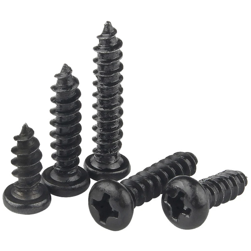 100pcs Cross Round Head Phillips Self-tapping Screws M1 M1.2 M1.4 M1.5 M1.7 M2 M2.3 M2.6 M3 M3.5 M4 Black Carbon Steel Screw