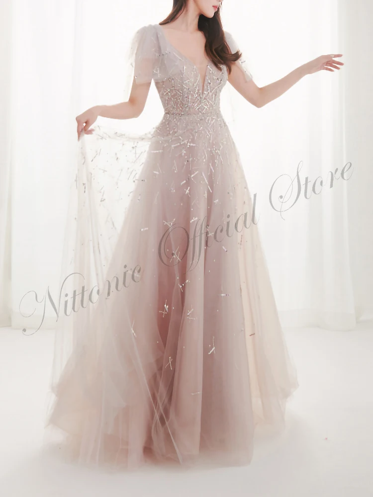 

Luxury Beading Evening Dresses for Woman Tulle V-Neck Short Sleeve Floor-Length A-Line Formal Occasion Prom Party Guest 2023