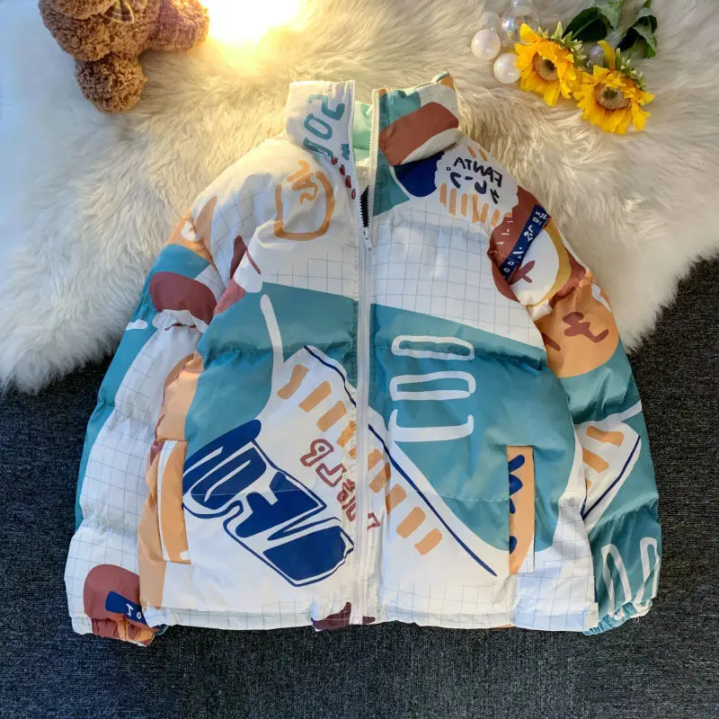 

New Winter Jacket Women Hooded Coat Jackets Printed Korean Harajuku Loose Casual Cotton-padded Winter Fashion Coat 2022 Tops