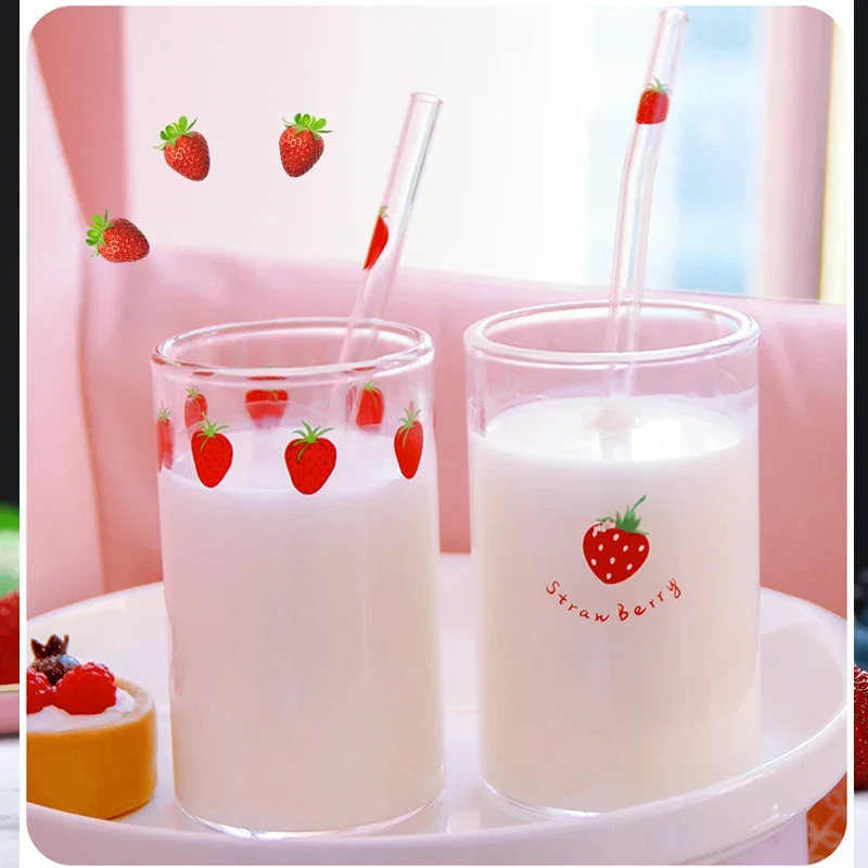 Coffee glass cup glass mug heat resistant coffee glass cup glass measuring cup glass tea cup glass tumbler glass whiskey cup glass coffee mug glass straw cup glass cup 300 ML High Borosilicate Nana Cute Strawberry Water Milk Drinking Glasses Cup with Straw Upgrade Thickened Version Gift