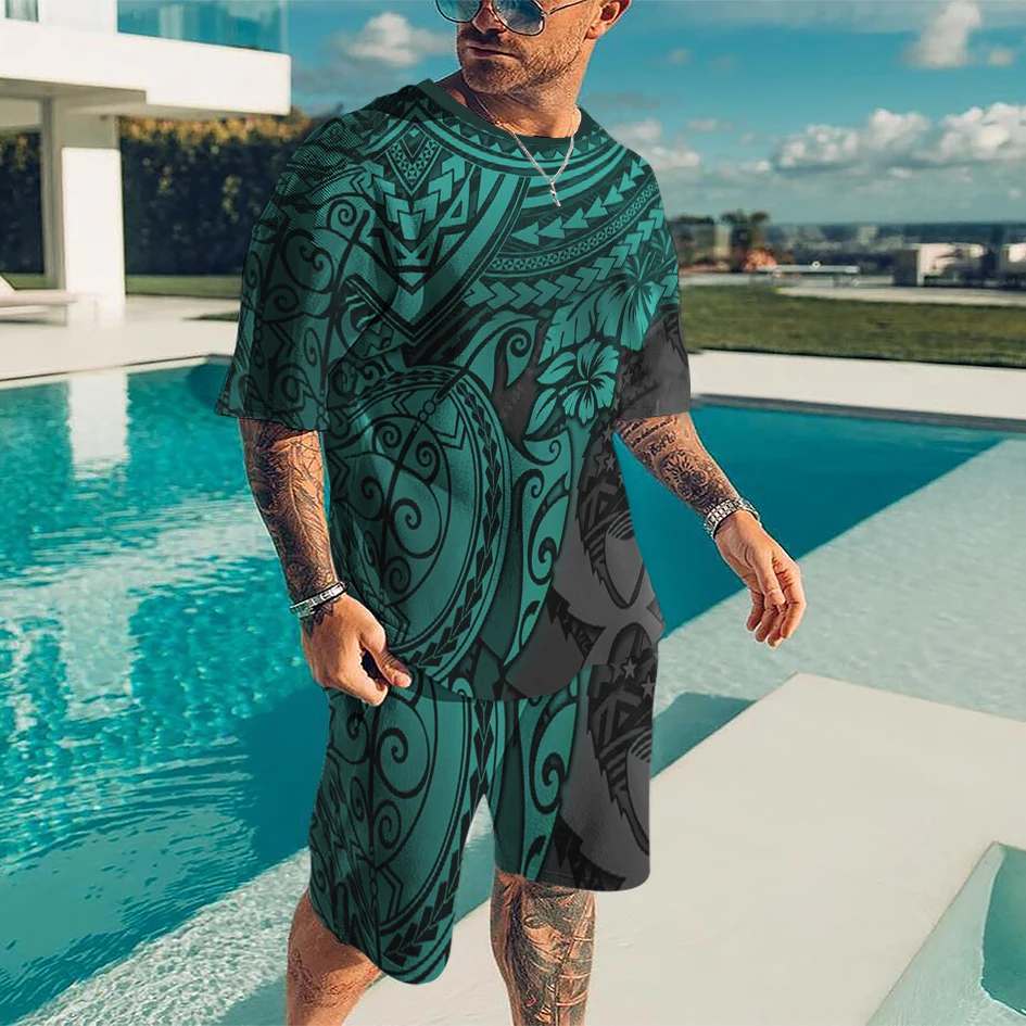 New Summer Men's Suit Casual Fashion Printed Tracksuit Male O-Neck T-Shirt 2 Pieces Beach Shorts Suit Oversized Men's Clothing