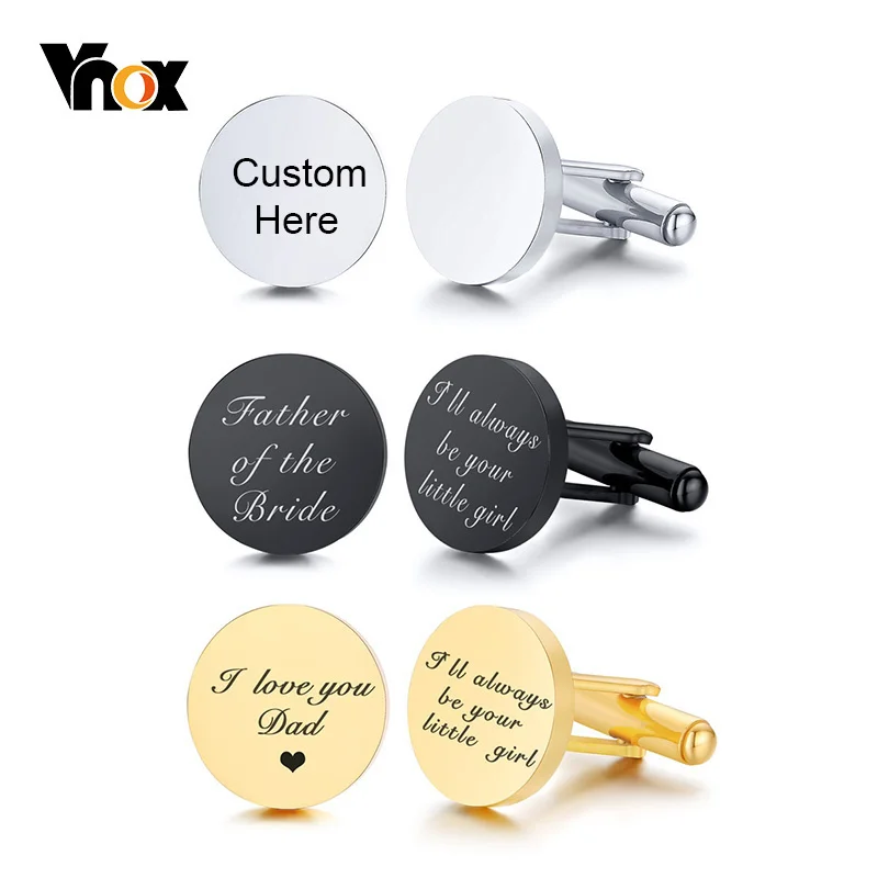 Vnox Customized Engrave Men's Cufflinks Geometric Stainless Steel Metal Cuff Links Personalized Gents Sleeve Nail Gift for Him customized bracelets engrave photo name date bracelet stainless steel engrave adjustable bangles for women id tag memory gift