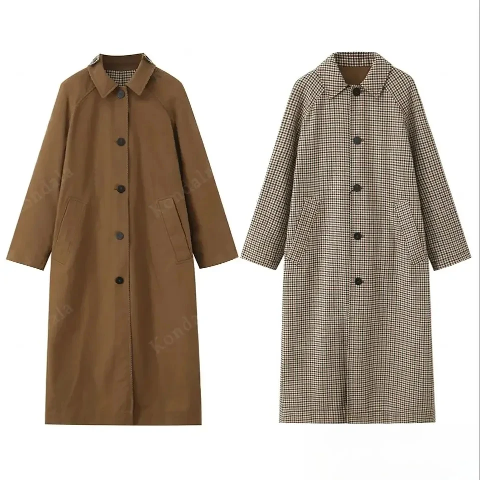 KONDALA Urban Vintage Trenchcoat Damen Herbst Winter Braun Reversible Wear Langer Mantel 2025, modischer, eleganter Damenmantel für den Pendelverkehr – Detail 2