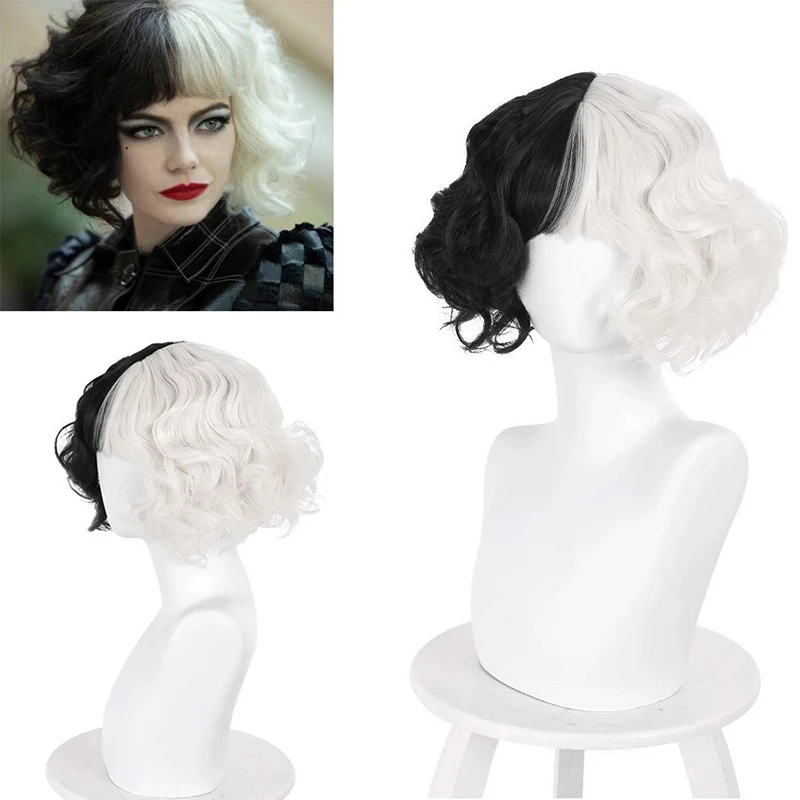 HAIRChain Y-Perruque Synthétique Courbure Noire et Blanche pour Femme, Perruque de Cosplay Courbure Noire et Blanche, Costume d'Halloween