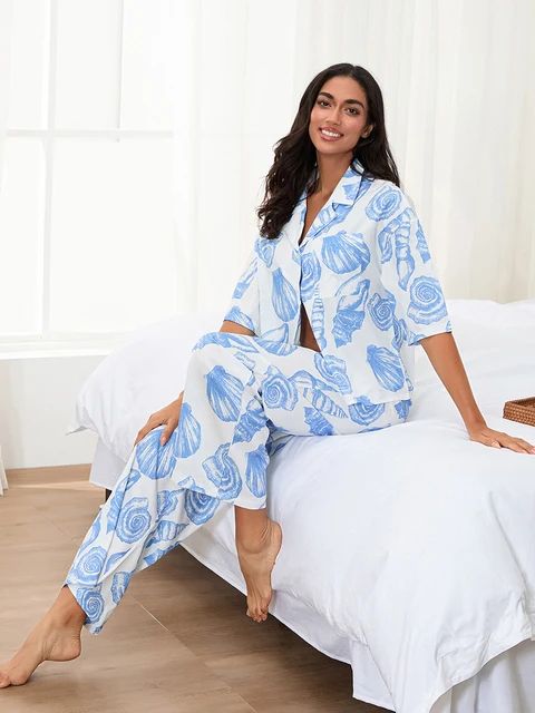 Women s Pajama Set Tropical Leaf Print Short Sleeve Button Down Tops Elastic Waist Pants 2 Piece Lounge Outfit 1