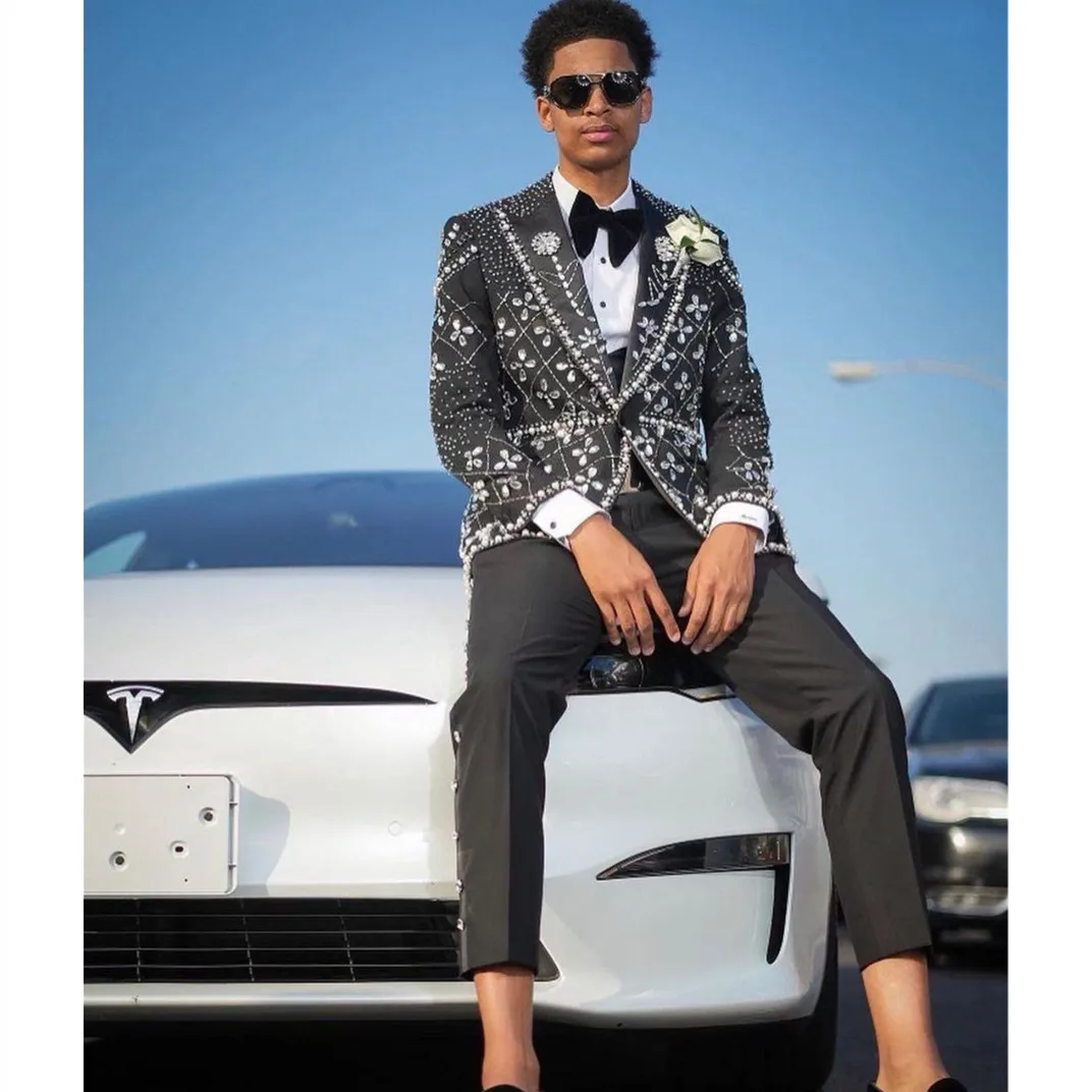 Luxury Men's Suits Tailored 2 Pieces Blazer Pants One Button Peaked Lapel Pearls Beads Diamonds Crystals Made Plus Size
