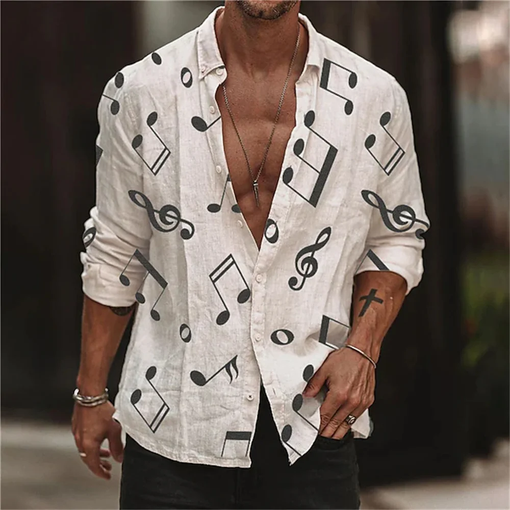 

New men's shirt graphic printing notes beige casual long-sleeved button clothing sports fashion design S-6XL summer 2023