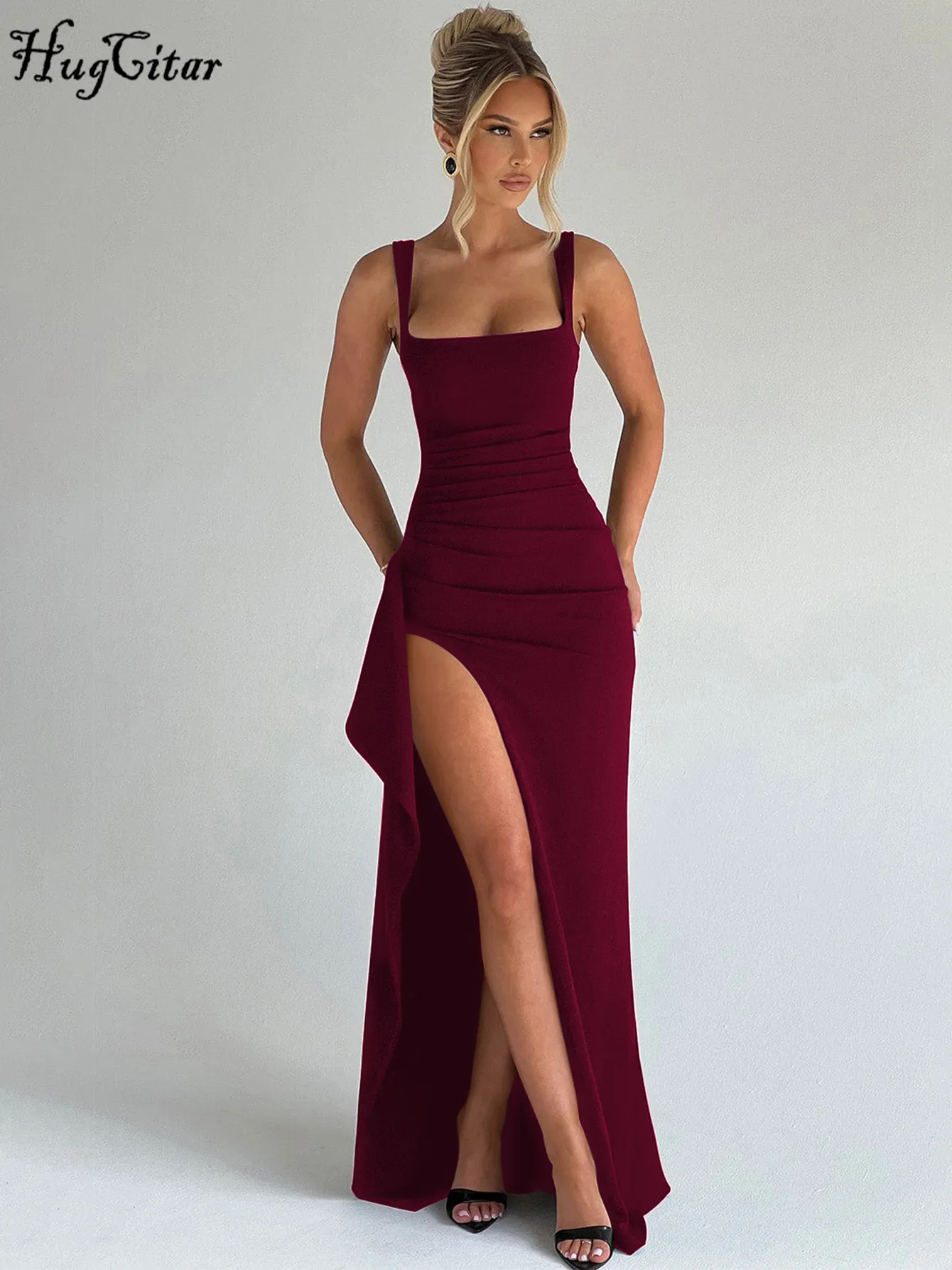Hugcitar Frauen Elegante Feste Träger Schlitz Geraffte Patchwork Sexy Bodycon Maxi Kleid Sommer Outfits Abend Party Geburtstag Festival