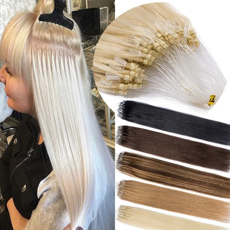 100% Human Hair Micro Loop Ring Hair Extensions Straight Weft Small ...