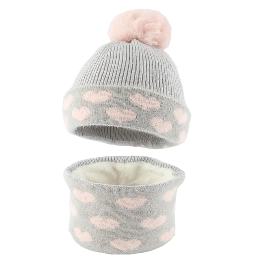 kids Hat Scraf 2 Pieces Set Girls Cute Winter Beanie Cap Outdoor Windproof Warm Hats Fleece lining Ear Protection Pompom Beanies