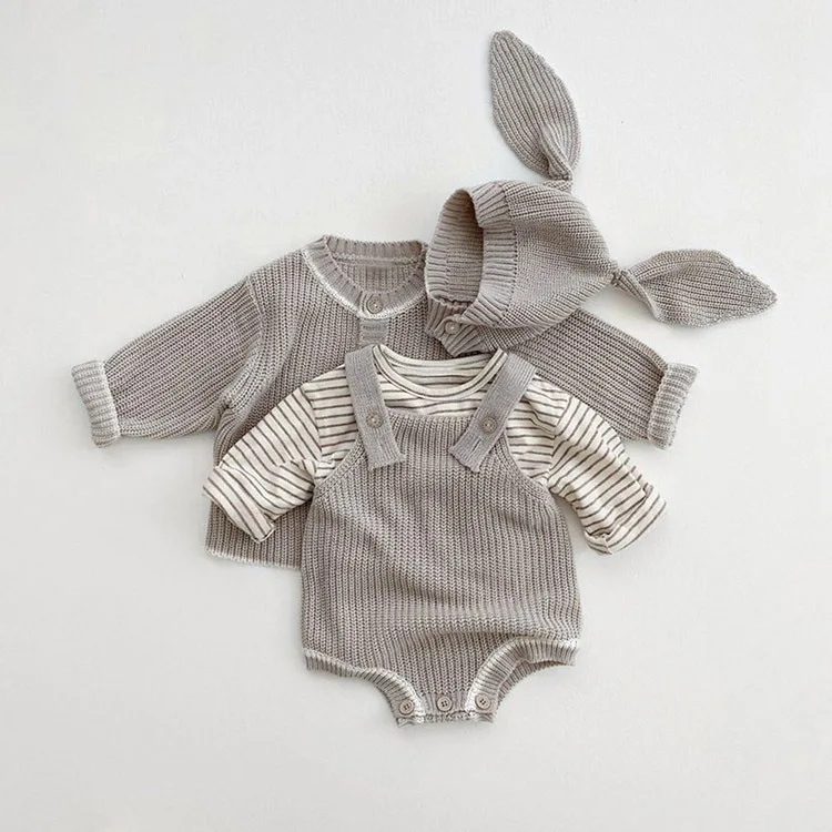 Spring Autumn Baby Sweater Set Newborn Jumpsuit Baby Sweater Cardigan Jacket Hat Three Piece Set Boys Girls Winter Clothes