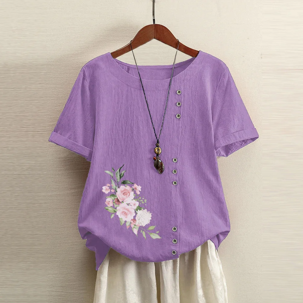 Cotton Linen Floral Print Women Blouse