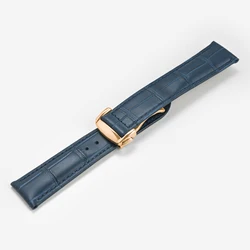 Luxurious Genuine Leather Strap with Folding Buckle - Universal Replacement Watch Band Accessory - 22mm (Blue Rose gold)