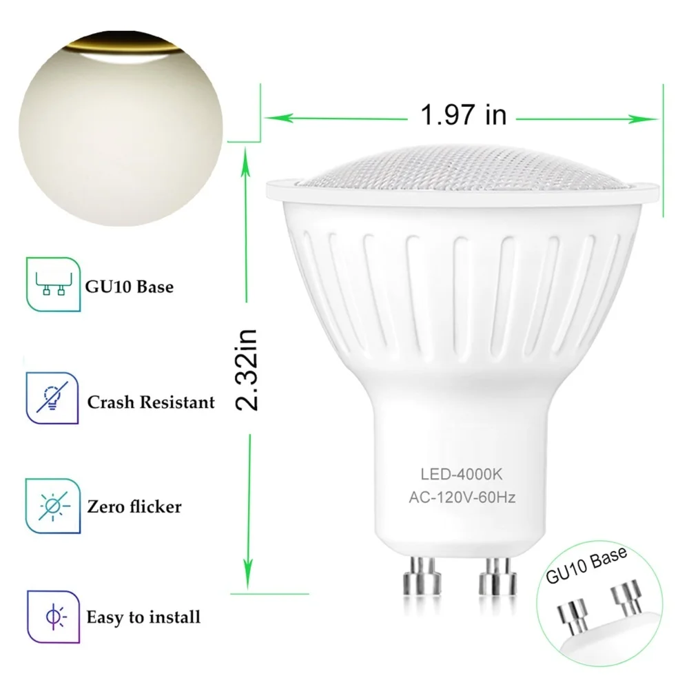 6 개 LED GU10 60W 교체 스포트라이트 전구, 120V 7W 조광 가능 4000K 자연 흰색 GU10 베이스, 120 ° 빔 각도, 610LM