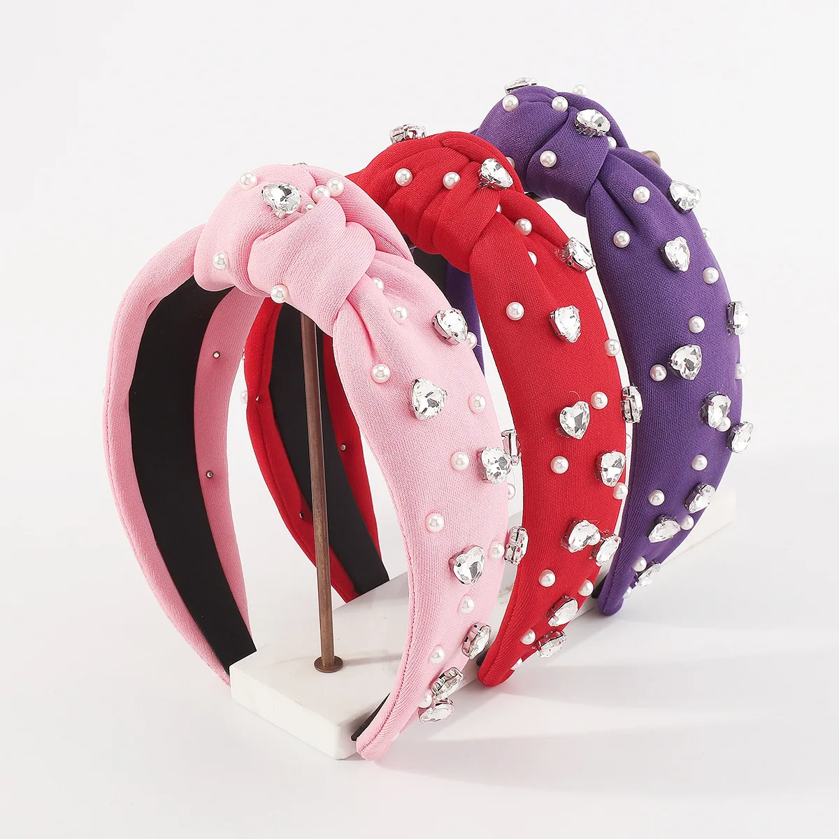 

New Fashion Headband Baroque Temperament Beaded Rhinestone Heart-Shaped Fabric Wide Edge Knotted Hair Hoop