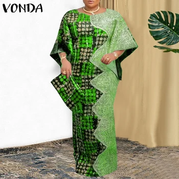 Plus Size 5XL Women Printed Dresses VONDA Bohemian Vintage Sundress Autumn Casual Loose 3/4 Sleeve Oversized Party Vestidos