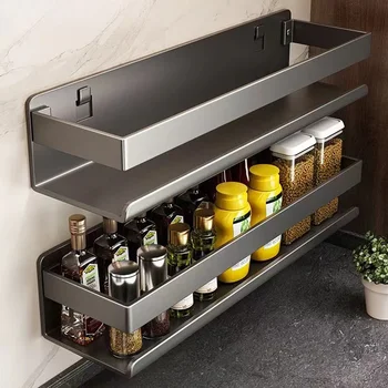 Gun gray kitchen storage rack seasoning rack free storage can wall mounted multifunctional seasoning rack 1