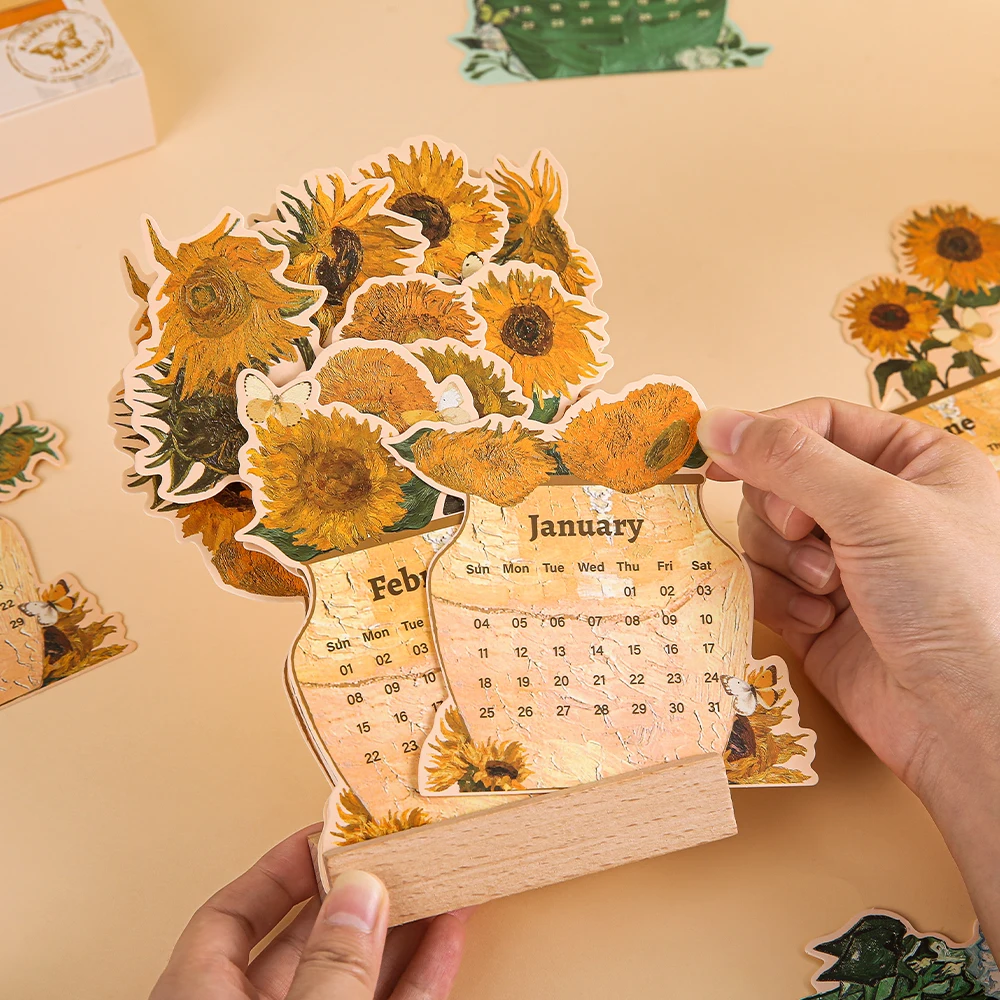 2026 Card Insert Desk Calendar Vintage Painting Monthly Planner With Wooden Base Desktop Decor For Monthly Schedule Organizer