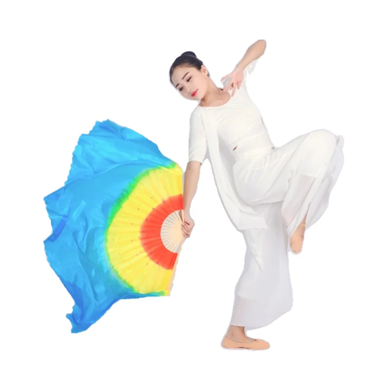 1 Pair Short Folding Fans Chinese Belly Colorful Gradient Bamboo Silk Veil Half Circle Yangko Dance Performance Hand Fans Props
