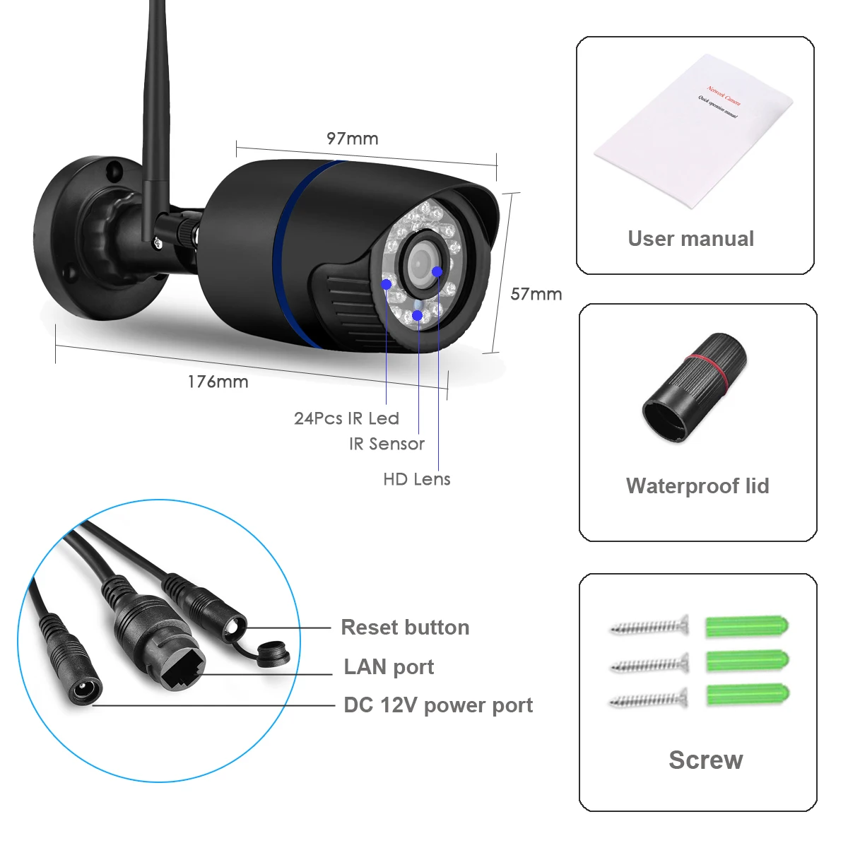 Gadinan 2.8mm Wifi 5MP Bullet Waterproof Camera 24pcs IR LED With Recording Sound IP Camera Motion Detection ABS Plastic iCSee 6