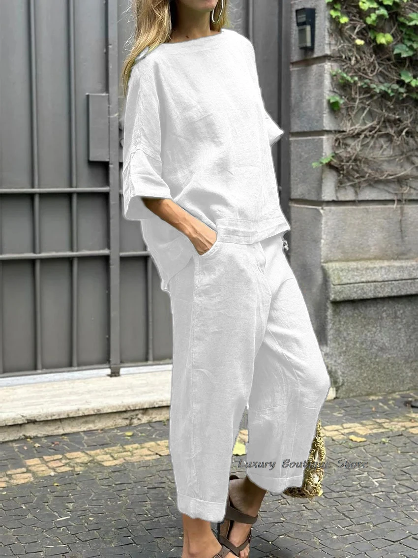 Half Sleeve Round Neck Summer T-shirts + Loose Long Trouser 2 Piece Set Women Outfits Pocket Loose Cotton Linen Summer Pant Sets