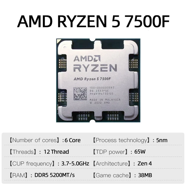 최대 5.0 GHz의 강력한 성능을 자랑하는 AMD RYZEN 7500F 프로세서