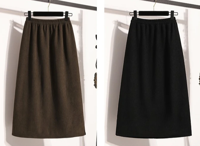 2026 herbst Plus Größe Rock Frauen Hohe Elastische Taille Große Größe Rock Koreanischen Stil Elegante Braun Casual Schlitz Bleistift Röcke – Detail 1