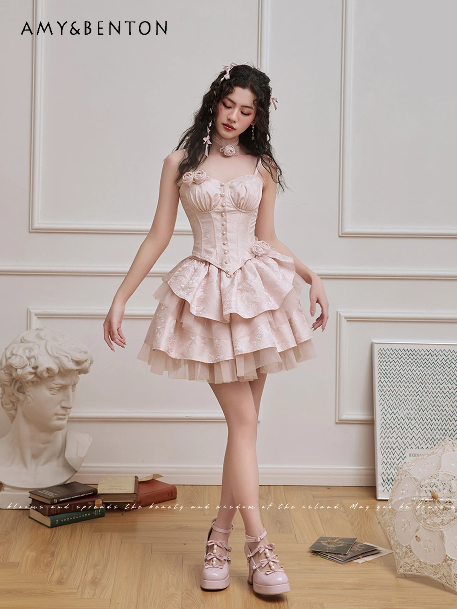 로리타 스커트 세트, 프렌치 엘레강스 오프숄더 상의, 미니 스커트 투피스 세트, 여성 의상, 고급 공주 원피스 