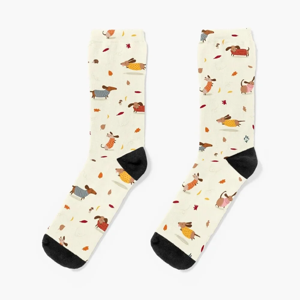 

Cute Dachshunds in Winter Sweaters with Autumn Leaves Socks crazy custom sports Designer Man Socks Women's