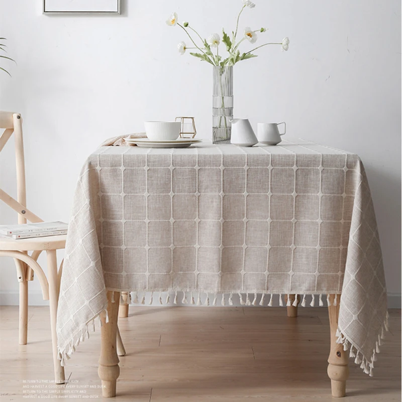 

Three-dimensional Jacquard Checkered Tablecloth,Cotton Linen Tassels Dust-Proof Table Cover,For Dinning Party Wedding Decor