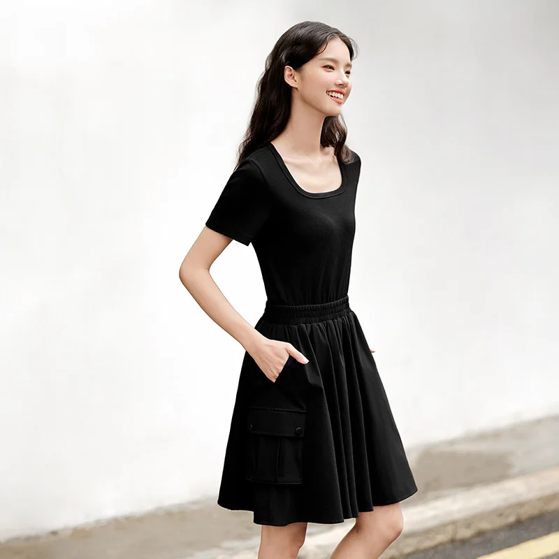 Dress Women Faux Two-Piece Design Versatile Summer New Square Collar Slim Fit Short Skirt Suitable For Petite