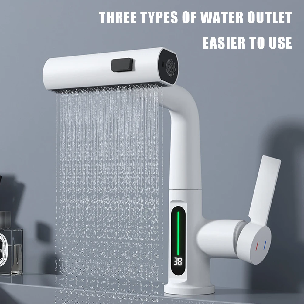 

Waterfall Temperature Digital Display Basin Faucet Lift Up Down Stream Sprayer Hot Cold Water Sink Mixer Wash Tap For Bathroom