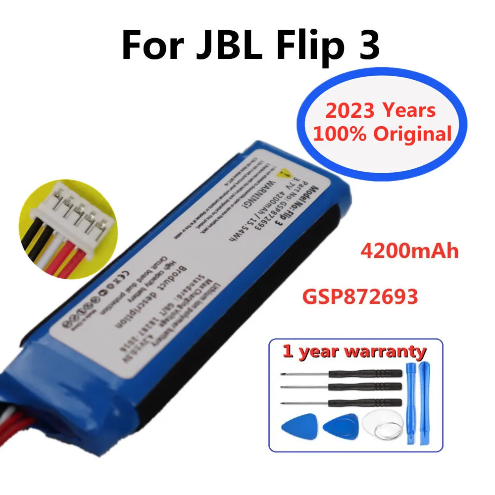 

2023 год, 4200 мАч, оригинальный перезаряжаемый аккумулятор для JBL Flip3 Flip 3, Беспроводная bluetooth-колонка, батарея GSP872693 P763098 03