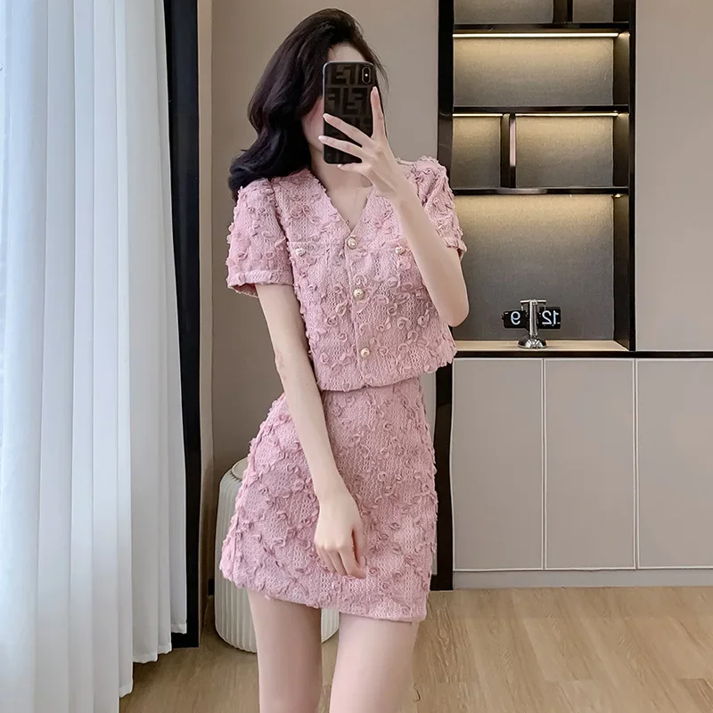 

French Pink Fragrance Sweet Women Suit Summer New Ladies Lace Short Sleeve Top + Mini Skirt Korea Chic Two-piece Set Female