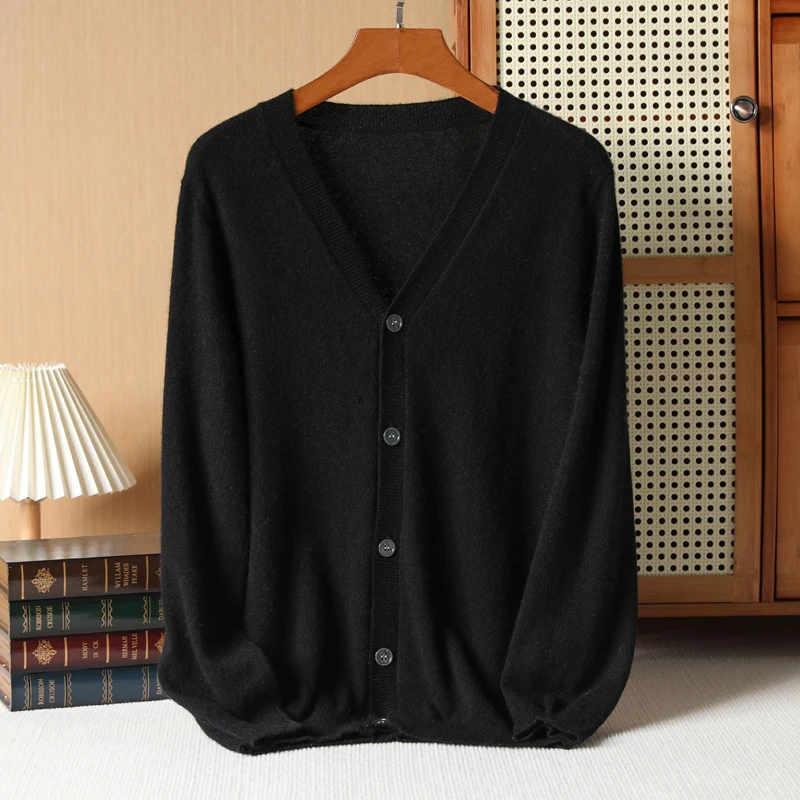 Men's High-end 100 Pure Cashmere Knitted Sweater Basic V-neck Cardigan Soft And Comfortable Versatile Top Autumn Warm Jacket