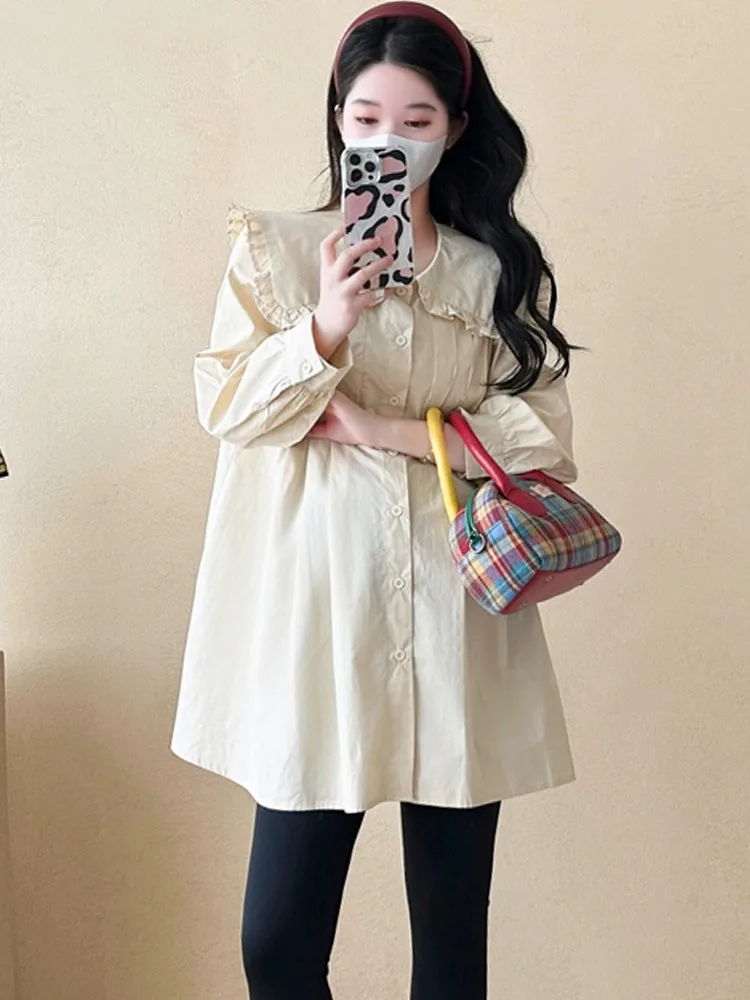 봄 가을 긴팔 임부복 숨은 배 부분이 있는 세련된 세트 한국 스타일 단색 인형 칼라 기본 포장