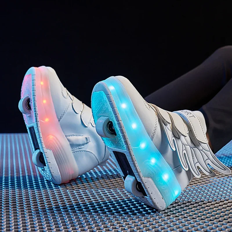 Children Roller Skate Casual Sport Shoes Girls Boys LED Charging Luminous Wings Shoes USB Colorful Light Two Wheels roller skates