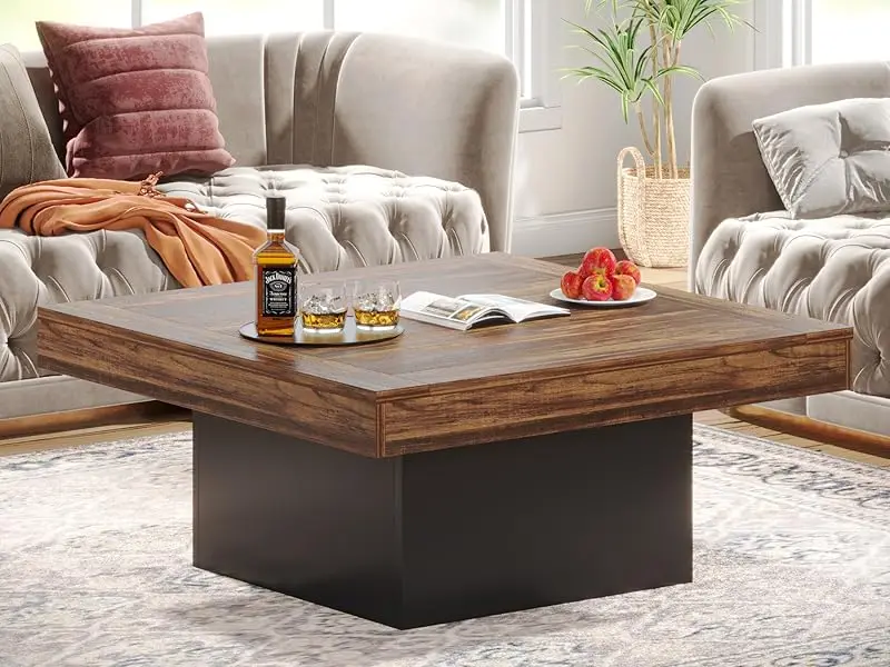 Tribesigns Square Farmhouse Coffee Table Rustic LED Wood Coffee Table for Living Room