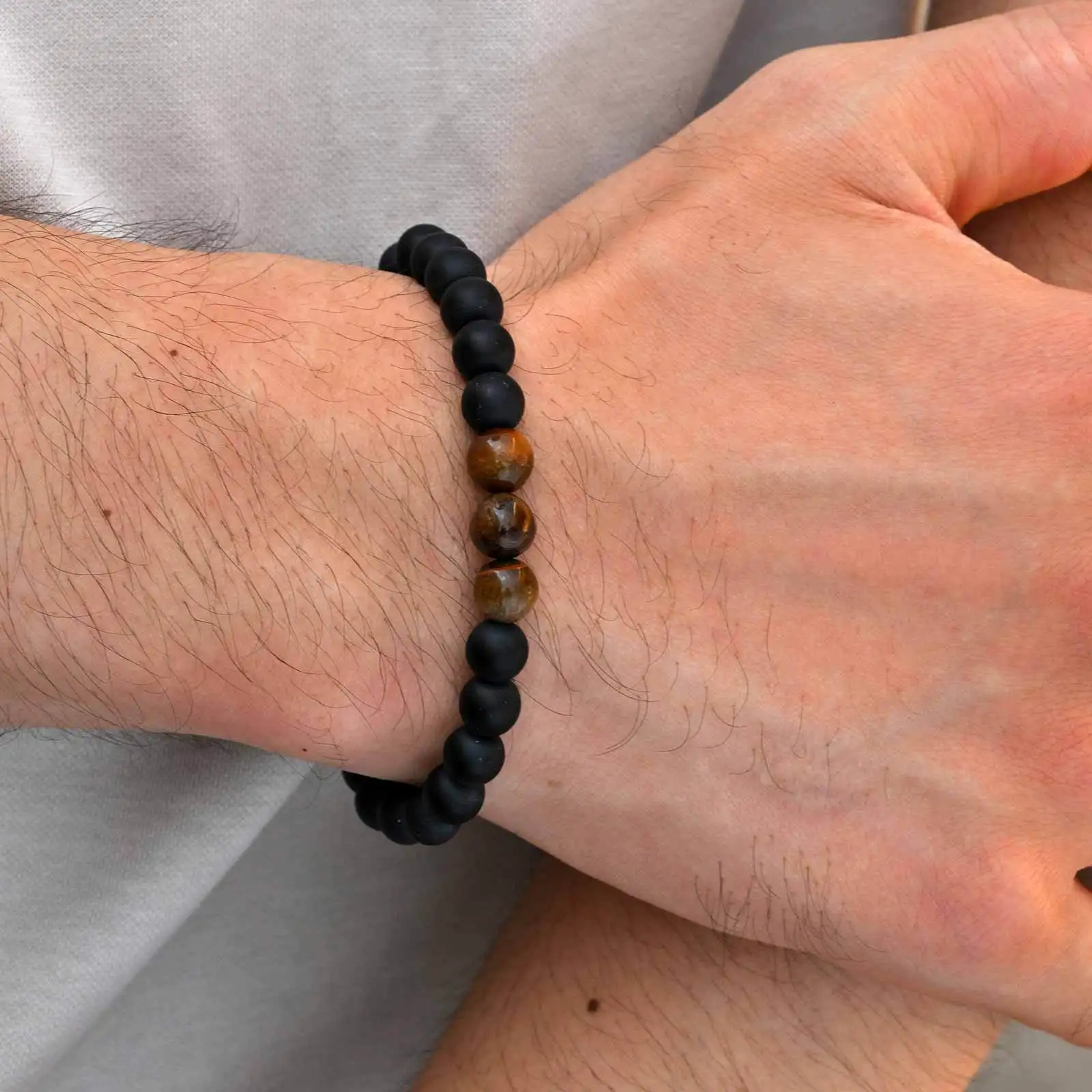 3pcs Black Beaded Bracelet for Men,Natural Agate Wooden Bead Wristband,Punk Stacked Bead Bracelet Gift