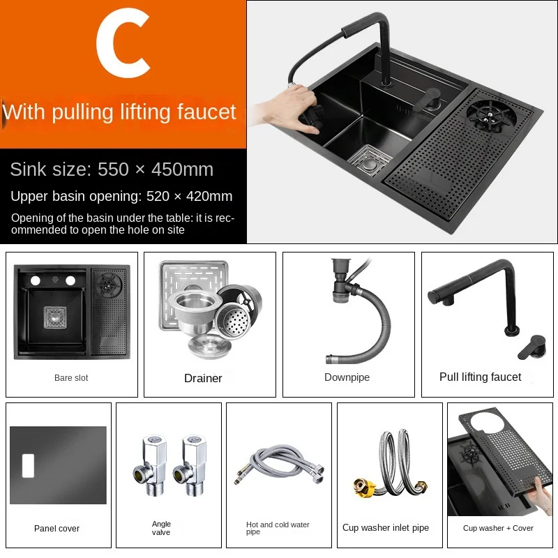 Kitchen Accessories Kitchen Sink 55CMX45CM Kitchen Sink Nano 304 Stainless Steel Vegetable Wash Basin Single Sink Wash Basin Adjustable Folding Faucet