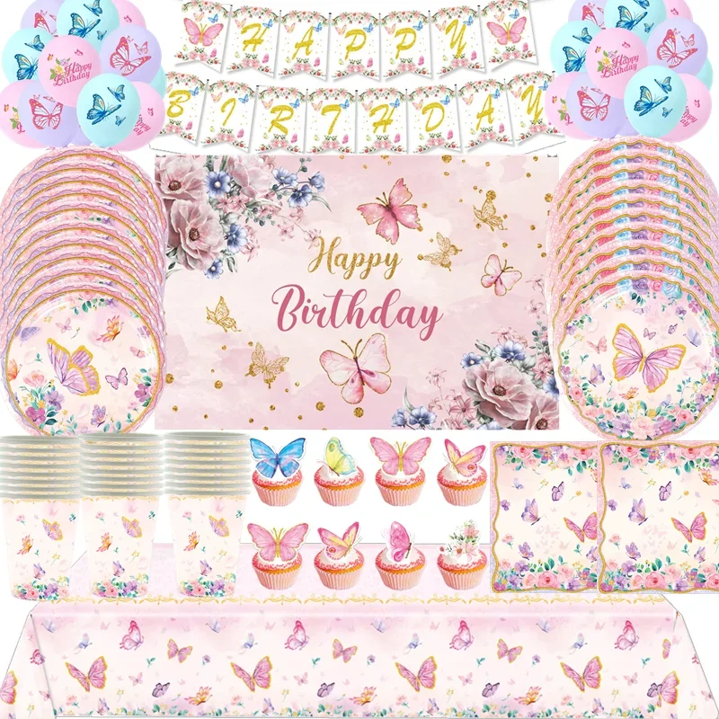 

Pink Butterfly Birthday Disposable Tableware Set Plate Napkin Cup Tablecloth Balloon Girl 1st Birthday Party Baby Shower Decor